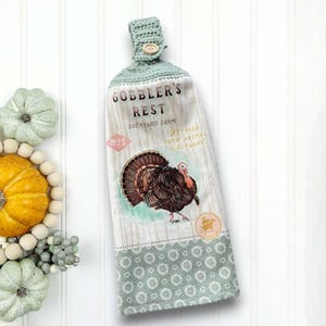 Fall Kitchen Towel with Crochet Top, Turkey Design and Button Loop