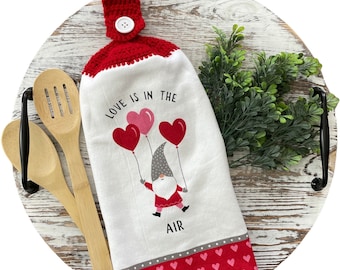 Hangende theedoek Valentijnskabouters, gehaakte topper, absorberend katoen, ovendeurhanddoeken, dubbelzijdig