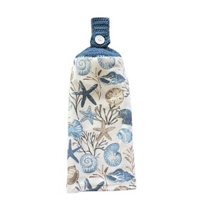 Seashell Crochet Top Kitchen Dish Towel, Coastal Blue with Hanging Loop image 1