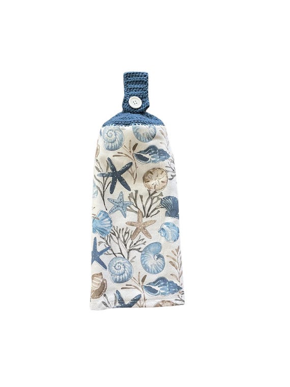 Seashell Crochet Top Kitchen Dish Towel, Coastal Blue with Hanging Loop