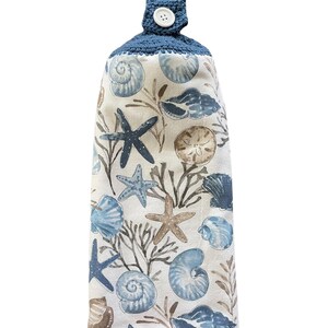 Seashell Crochet Top Kitchen Dish Towel, Coastal Blue with Hanging Loop image 3