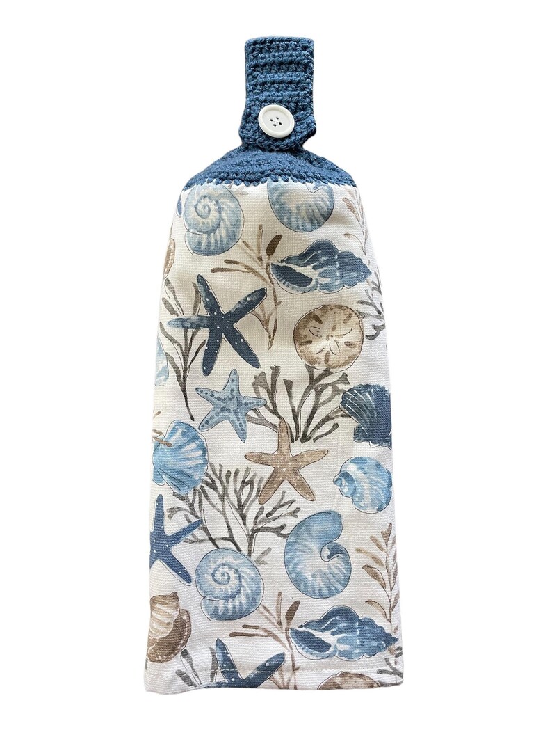 Seashell Crochet Top Kitchen Dish Towel, Coastal Blue with Hanging Loop image 3