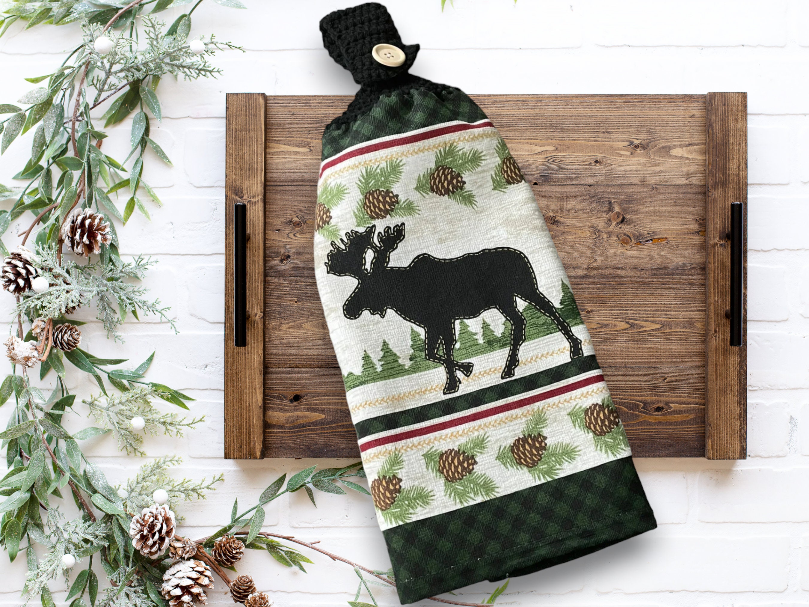 Moose Hanging Kitchen Hand Towels With Crochet Topper Green 