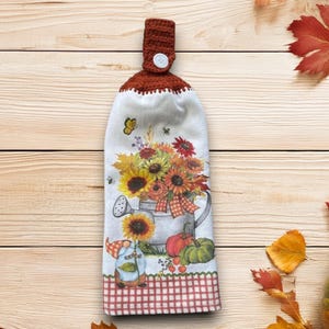 Gnome Fall Kitchen Towels with Crochet Top, Fall Hanging Hand Towel, Fall Sunflower Hanging Dish Towels, Autumn Kitchen Towels