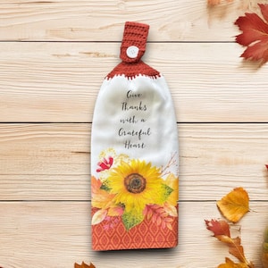 Fall Hanging Kitchen Hand Towel With Crocheted Top, Double Layer Oven Door Towel With Button Loop