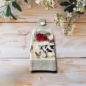 Crochet Top Kitchen Hand Towel with Gray Loop and Button