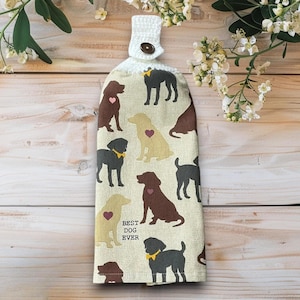 Hand Towel with Dog Print, Double-Layer Cotton and Crocheted Hanging Top