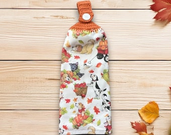 Dog Kitchen Towel with Pumpkin Design, Crochet Top Hanging Dish