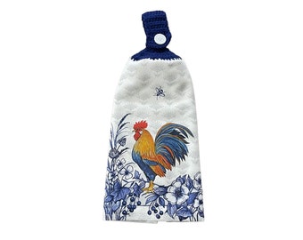 Rooster Hanging Kitchen Hand Towels with Crochet Top
