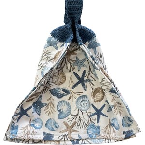 Seashell Crochet Top Kitchen Dish Towel, Coastal Blue with Hanging Loop image 9