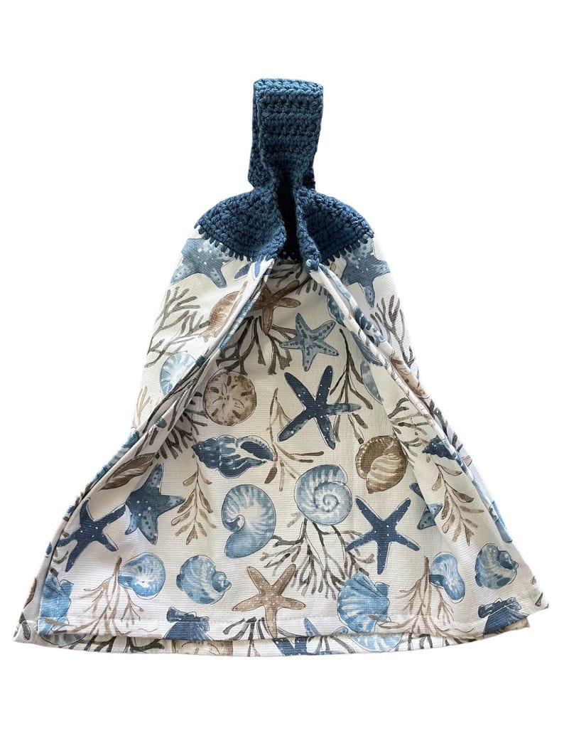 Seashell Crochet Top Kitchen Dish Towel, Coastal Blue with Hanging Loop image 9