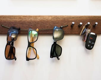 Simple solid wood, walnut, sunglass hanger, sunglass rack, metal key hanger, key rack, handmade, home decor, wall decor, wall organizer