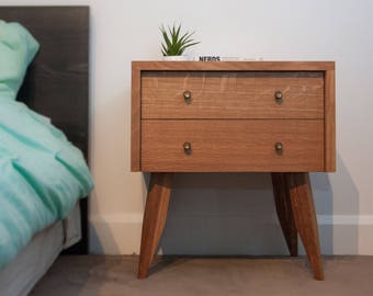 Mid century modern, scandinavian design, bedside table, end table, side table, nightstand with drawers, solid oak wood