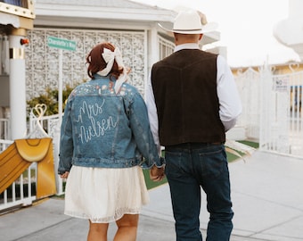 Custom Hand Embroidered Floral Adult Jean Jacket - Personalized with name - PERFECT For Bridal Parties, Weddings, Bachelorette or Showers!