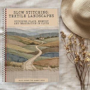 Puede incluir: Un libro de espiral titulado Slow Stitching: Textile Landscapes, Stitching Place, Memory and Imagination in Cloth de Alice Down the Rabbit Hole, con un bordado de paisaje de colinas, un camino y una casa en la portada.