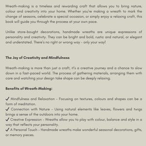K&ouml;nnte beinhalten: Ein digitales Dokument mit dem Titel A Self-Paced Guide to Crafting Beautiful, Seasonal and Personalised Wreaths. Der Text beschreibt die Vorteile des Kranzbindens, einschlie&szlig;lich Achtsamkeit, Verbindung zur Natur und kreativem Ausdruck.