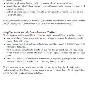 May include: A document with black text on a white background titled Clusters as Miniature Artworks. The text discusses the composition of clusters, their emotional impact, and their versatile applications in journals, cards, books, and textiles.