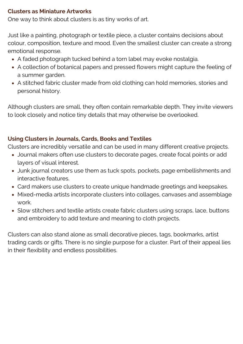 May include: A document with black text on a white background titled Clusters as Miniature Artworks. The text discusses the composition of clusters, their emotional impact, and their versatile applications in journals, cards, books, and textiles.