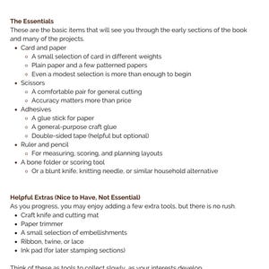 Pu&ograve; includere: Una pagina di testo intitolata What You'll Need to Begin, che elenca le forniture essenziali per la creazione di biglietti. Dettaglia categorie tra cui carta, forbici, adesivi, righello, matita e una pieghetta, seguite da utili extra.