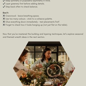K&ouml;nnte beinhalten: Ein Dokument mit dem Titel Quick Reference: Do's and Don'ts of Wreath Design mit einer Liste von Anweisungen zur Kranzgestaltung, gefolgt von einem sechseckigen Bild, das Personen beim Basteln von Kr&auml;nzen mit Gr&uuml;n und Ornamenten zeigt.