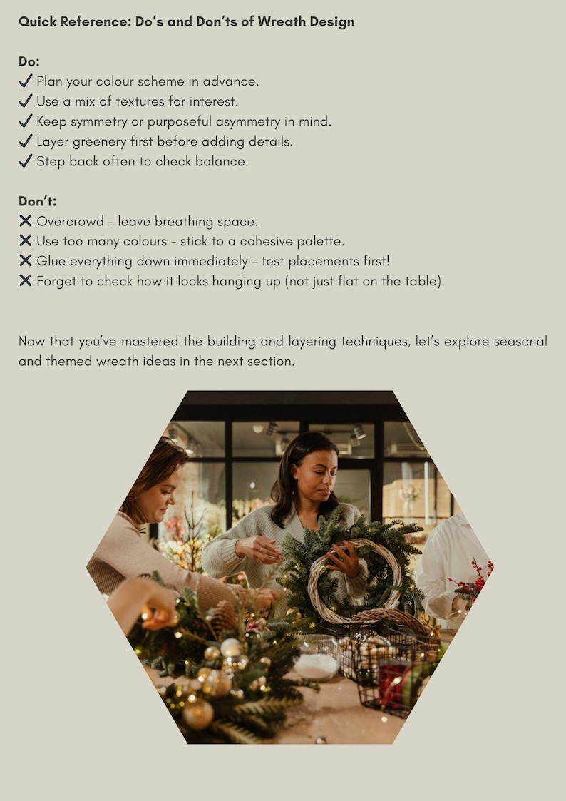 K&ouml;nnte beinhalten: Ein Dokument mit dem Titel Quick Reference: Do's and Don'ts of Wreath Design mit einer Liste von Anweisungen zur Kranzgestaltung, gefolgt von einem sechseckigen Bild, das Personen beim Basteln von Kr&auml;nzen mit Gr&uuml;n und Ornamenten zeigt.