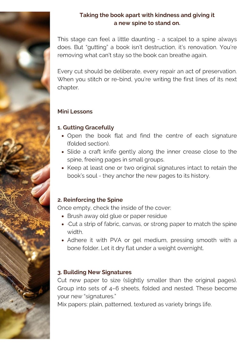 Może przedstawiać: Dokument instruktażowy zatytułowany Taking the book apart with kindness and giving it a new spine to stand on. Tekst zawiera trzy minilekcje dotyczące introligatorstwa, w tym Gutting Gracefully, Reinforcing the Spine oraz Building New Signatures.