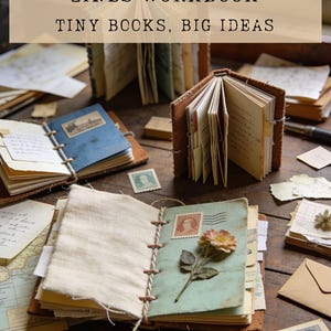 May include: A workbook titled MINI-BOOKS AND ZINES WORKBOOK TINY BOOKS, BIG IDEAS featuring several handmade miniature books with textured covers, exposed stitching, and pages decorated with vintage stamps, pressed flowers, and handwritten notes.
