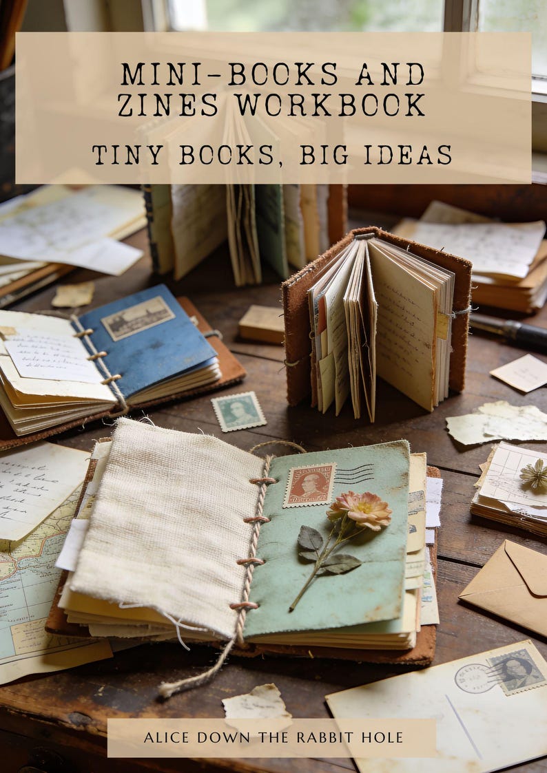 May include: A workbook titled MINI-BOOKS AND ZINES WORKBOOK TINY BOOKS, BIG IDEAS featuring several handmade miniature books with textured covers, exposed stitching, and pages decorated with vintage stamps, pressed flowers, and handwritten notes.