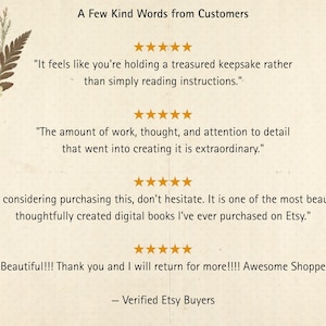 Pu&ograve; includere: Una grafica di recensioni dei clienti intitolata A Few Kind Words from Customers con quattro valutazioni a cinque stelle e testimonianze su un libro digitale. Il testo include accenti floreali con fiori rossi e bianchi su sfondo color crema.