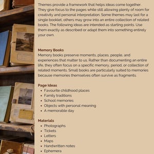 May include: A wooden shelf holding several small handmade books with various covers, including leather and paper textures. The text on the right side provides instructions on choosing a theme for mini-books, memory books, page ideas, materials, and prompts.