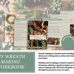 K&ouml;nnte beinhalten: Ein DIY-Kranzbinde-Arbeitsbuch mit gr&uuml;nem Einband und dem Titel DIY WREATH-MAKING WORKBOOK, umgeben von Bildern mit Bastelmaterial wie Draht, Schere und Gr&uuml;npflanzen. Das Arbeitsbuch enth&auml;lt verschiedene Seiten mit Anleitungen und Text.