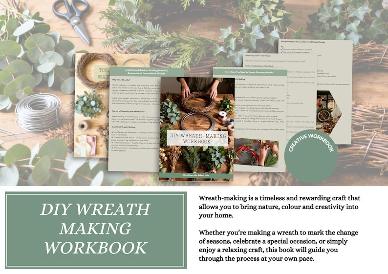 K&ouml;nnte beinhalten: Ein DIY-Kranzbinde-Arbeitsbuch mit gr&uuml;nem Einband und dem Titel DIY WREATH-MAKING WORKBOOK, umgeben von Bildern mit Bastelmaterial wie Draht, Schere und Gr&uuml;npflanzen. Das Arbeitsbuch enth&auml;lt verschiedene Seiten mit Anleitungen und Text.