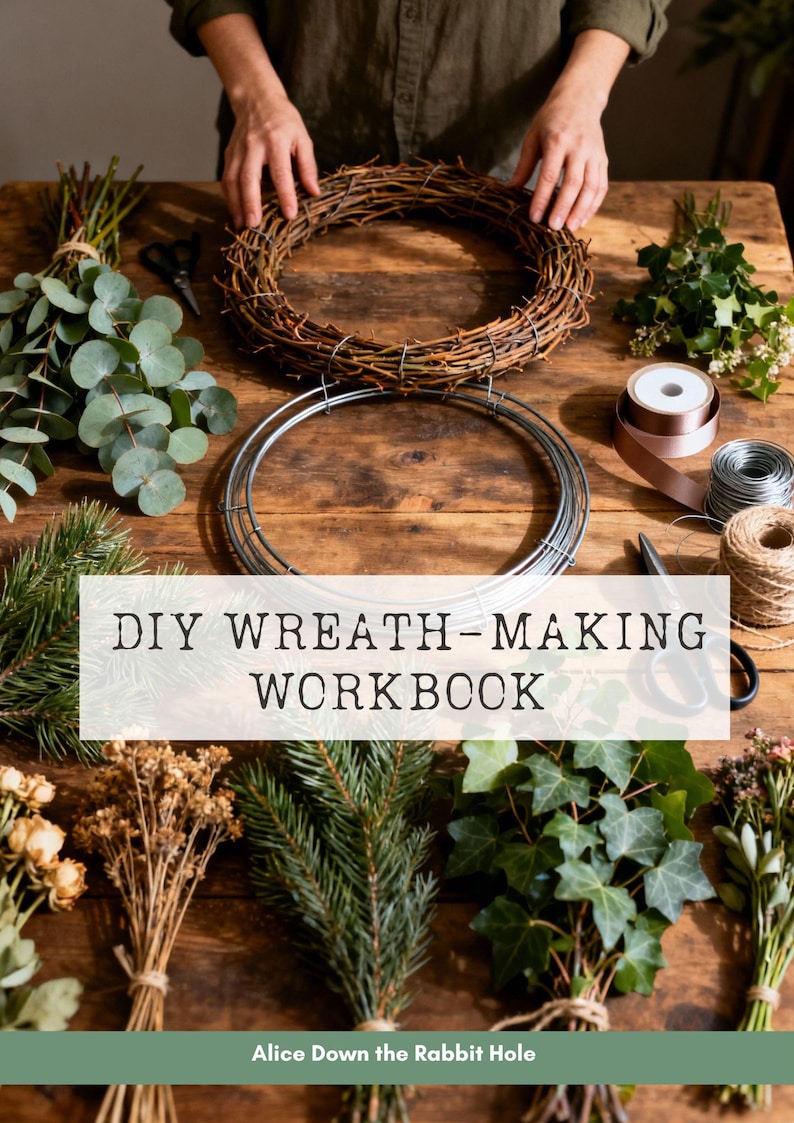 K&ouml;nnte beinhalten: Ein DIY-Kranz-Bastelbuch mit einem braunen Zweigkranz, einem silbernen Metalldrahtrahmen, B&uuml;ndeln aus Eukalyptus, Tannenzweigen, Efeu, Trockenblumen, Band, Garn und einer Schere, die auf einer Holzoberfl&auml;che f&uuml;r Bastelprojekte angeordnet sind.