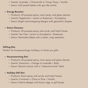 Op de afbeelding: Een lijst met wellness-ge&iuml;nspireerde cadeausets met beschrijvingen van de producten, geuren en decoratie. De sets omvatten Relaxation Retreat, Energy Booster, Detox Cleanse, Housewarming Set, Holiday Gift Set en New Mum's Kit.
