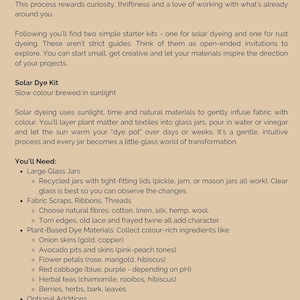May include: A beige informational document titled Tools and Treasures for Slow Colour. The text provides instructions for solar dyeing, listing necessary items like large glass jars, fabric scraps, ribbons, threads, and plant-based dye materials.