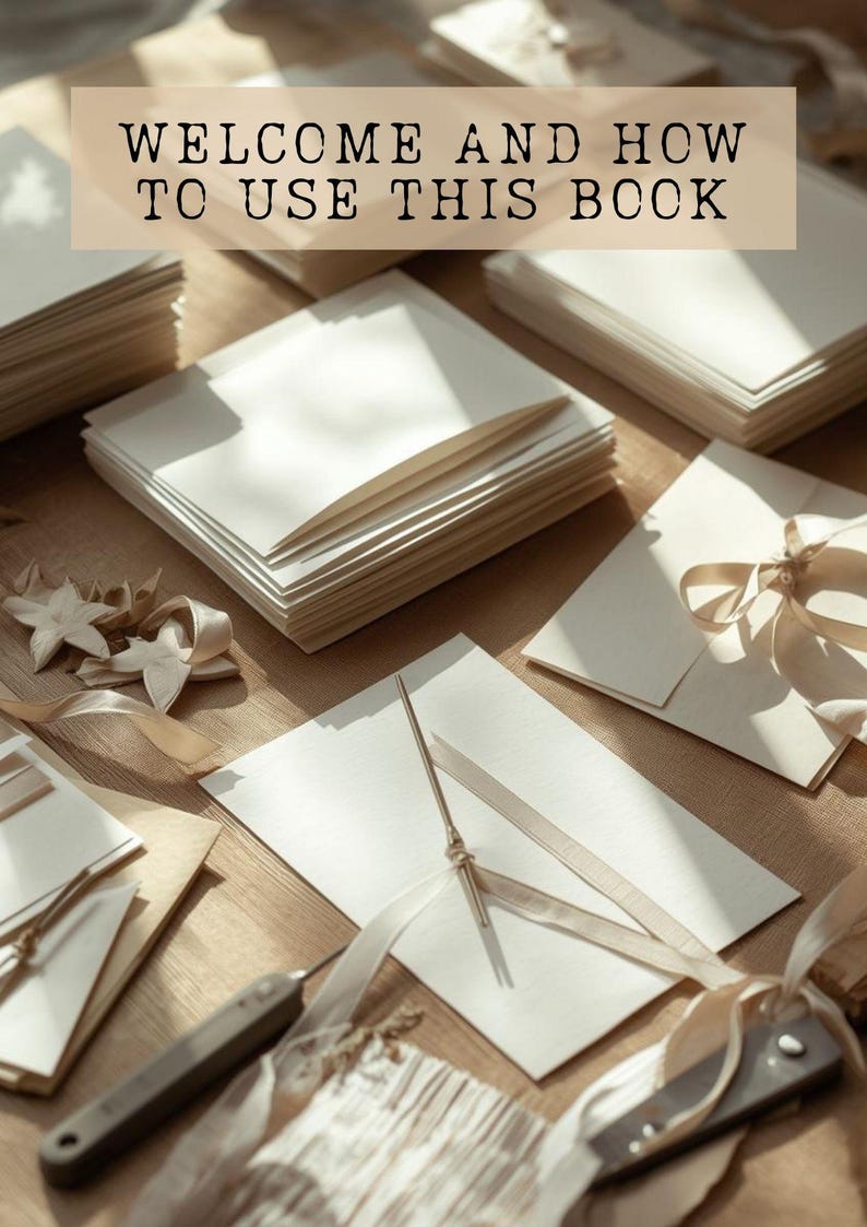 Pu&ograve; includere: Pile di cartoline e buste color crema con accenti di nastro beige. Un utensile in metallo poggia su una carta. Il testo WELCOME AND HOW TO USE THIS BOOK &egrave; centrato in alto con un carattere serif scuro su uno sfondo rettangolare beige.