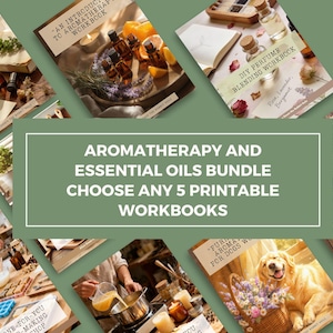 Op de afbeelding: Een digitaal pakket met printbare werkboeken over aromatherapie en etherische oliën. De collectie bevat gidsen over parfum mengen, aromatherapie voor honden en zeep maken, weergegeven met afbeeldingen van amberkleurige glazen flesjes en gedroogde bloemen.