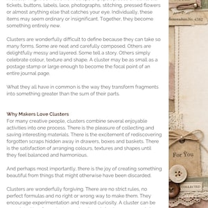 May include: A decorative paper and fabric cluster featuring layered elements including a tag with the text 'NOTES', a metal paperclip, a brown tag with the text 'For You' tied with twine, a white button, and a label with the text 'COLLECTED' on lace.