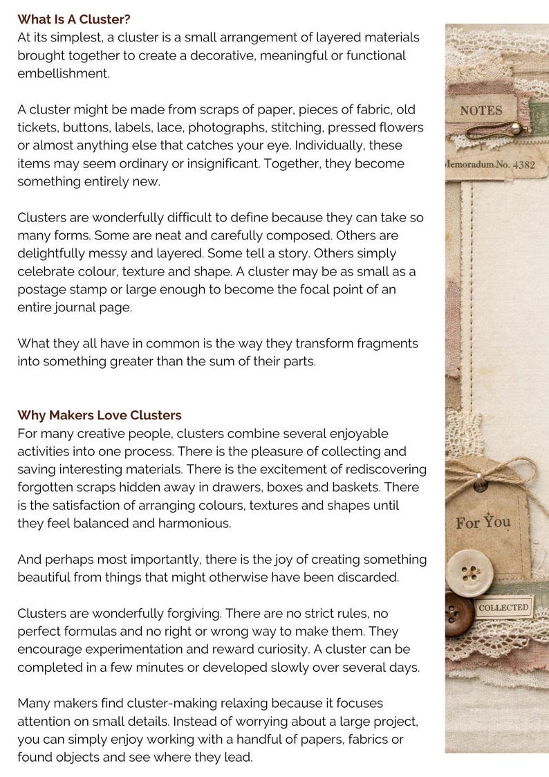 May include: A decorative paper and fabric cluster featuring layered elements including a tag with the text 'NOTES', a metal paperclip, a brown tag with the text 'For You' tied with twine, a white button, and a label with the text 'COLLECTED' on lace.