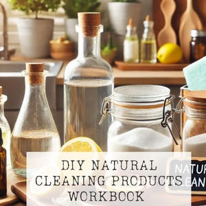 Op de afbeelding: Een DIY-werkboek voor natuurlijke schoonmaakproducten met de titel "DIY Natural Cleaning Products Workbook" en een ondertitel "Alice Down the Rabbit Hole". De afbeelding toont een selectie van natuurlijke schoonmaakmiddelen, waaronder glazen flessen, potten en citroenen.