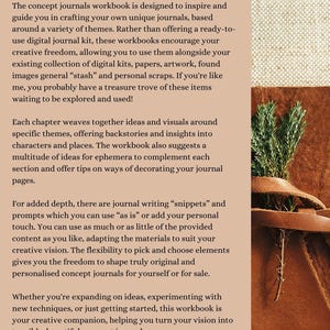 Może przedstawiać: The Concept Journal Workbook: Creative Journeys for Journal Makers. Obraz zawiera tekst opisujący zeszyt ćwiczeń, kt&oacute;ry ma inspirować i prowadzić tw&oacute;rc&oacute;w dziennik&oacute;w. Zachęca do kreatywnej wolności i oferuje pomysły na strony dziennika.