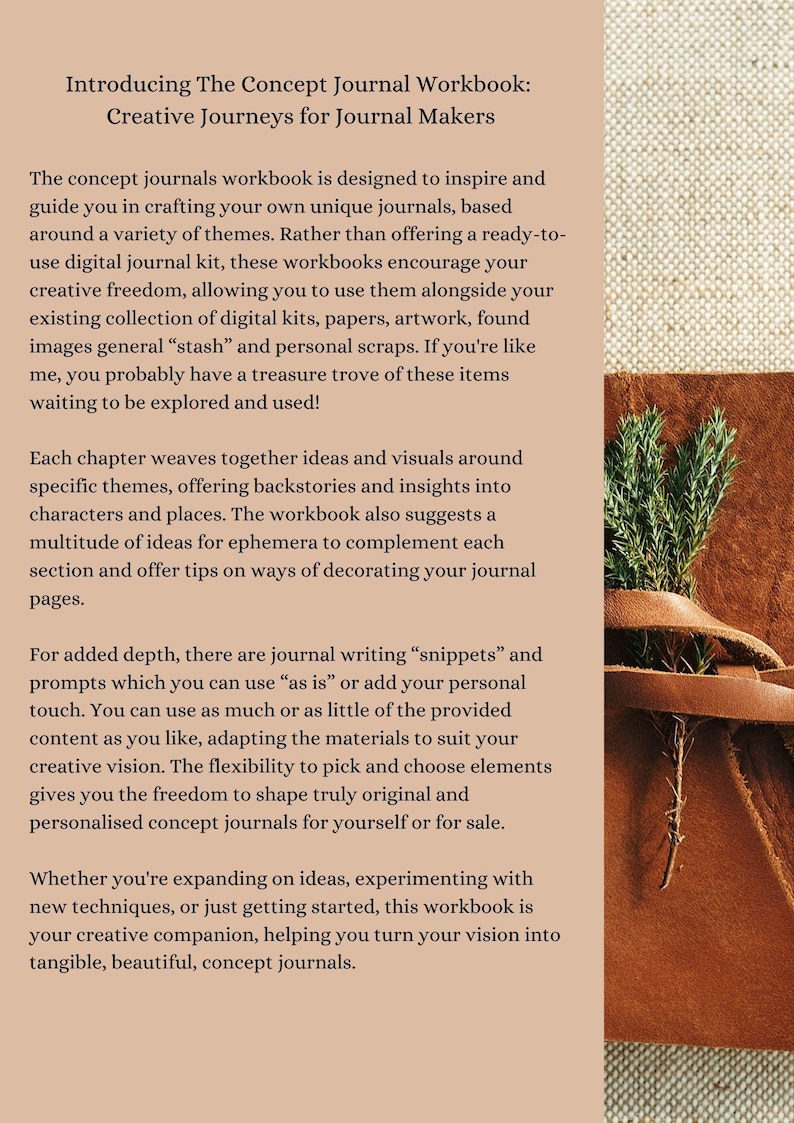 Może przedstawiać: The Concept Journal Workbook: Creative Journeys for Journal Makers. Obraz zawiera tekst opisujący zeszyt ćwiczeń, kt&oacute;ry ma inspirować i prowadzić tw&oacute;rc&oacute;w dziennik&oacute;w. Zachęca do kreatywnej wolności i oferuje pomysły na strony dziennika.