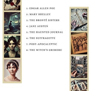 Może przedstawiać: Pionowy obraz z kremowym tłem przedstawia spis treści zatytułowany "CONTENTS". Lista zawiera tematy takie jak Edgar Allen Poe, Mary Shelley i Jane Austen. Obraz zawiera r&oacute;wnież ilustracje.