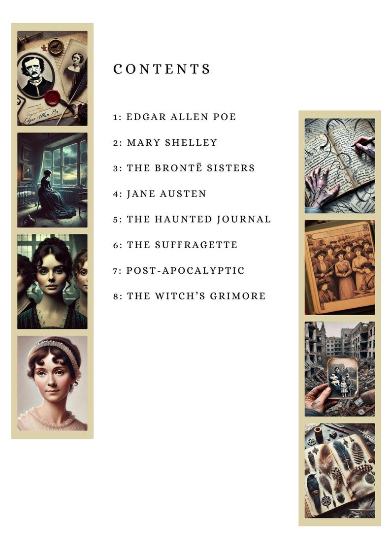 Może przedstawiać: Pionowy obraz z kremowym tłem przedstawia spis treści zatytułowany "CONTENTS". Lista zawiera tematy takie jak Edgar Allen Poe, Mary Shelley i Jane Austen. Obraz zawiera r&oacute;wnież ilustracje.