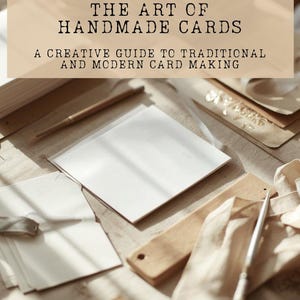 Pu&ograve; includere: Un libro intitolato THE ART OF HANDMADE CARDS: A CREATIVE GUIDE TO TRADITIONAL AND MODERN CARD MAKING con il sottotitolo ALICE DOWN THE RABBIT HOLE. La copertina mostra un biglietto bianco, un righello di legno e una penna su una superficie chiara.