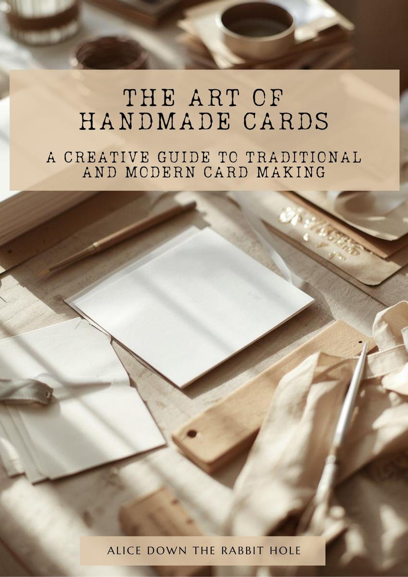 Pu&ograve; includere: Un libro intitolato THE ART OF HANDMADE CARDS: A CREATIVE GUIDE TO TRADITIONAL AND MODERN CARD MAKING con il sottotitolo ALICE DOWN THE RABBIT HOLE. La copertina mostra un biglietto bianco, un righello di legno e una penna su una superficie chiara.