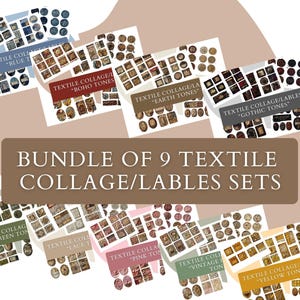 Puede incluir: Un paquete digital de 9 conjuntos de collages y etiquetas textiles con varias paletas de colores, incluyendo tonos azules, boho, tierra, góticos, verdes, encaje, rosa, vintage y amarillos. El texto central dice BUNDLE OF 9 TEXTILE COLLAGE/LABLES SETS.