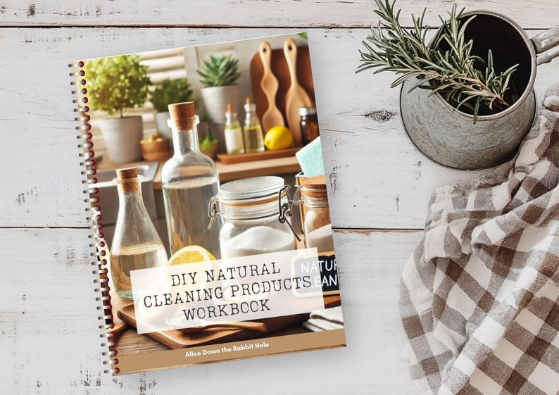 Op de afbeelding: Een spiraalgebonden werkboek met de titel "DIY Natural Cleaning Products & Recipes Workbook" met een foto van verschillende schoonmaakmiddelen, waaronder glazen flessen, potten en citroenen. Het boek ligt op een houten oppervlak met een groene plant op de achtergrond.