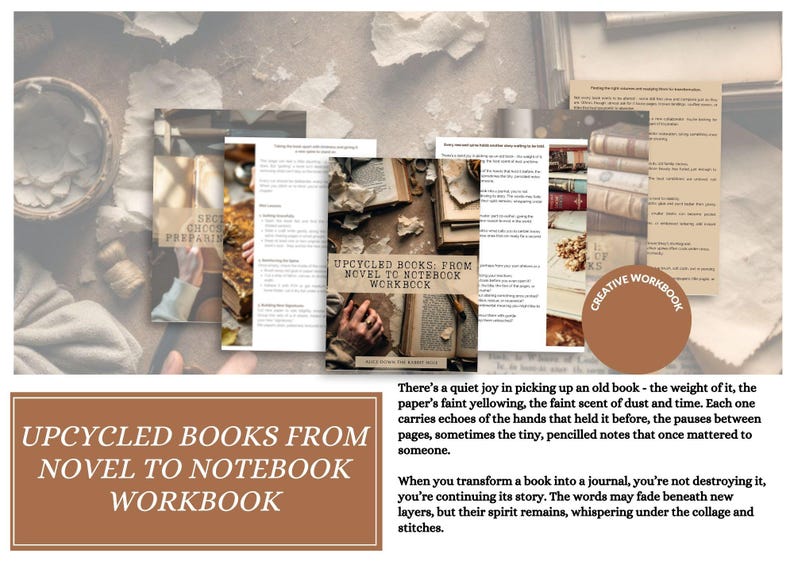 Może przedstawiać: Zeszyt ćwiczeń zatytułowany Upcycled Books: From Novel to Notebook zawierający wiele stron z tekstem i obrazami starych książek, skrawk&oacute;w papieru i dłoni. Zeszyt zawiera sekcje dotyczące przygotowywania książek oraz kreatywnych technik.