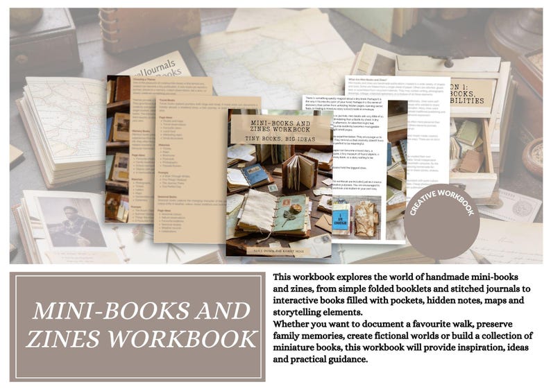 May include: A workbook titled Mini-Books and Zines Workbook: Tiny Books, Big Ideas, featuring multiple pages of instructional text and photographs of handmade miniature books, journals, and folded booklets with various paper textures and binding styles.